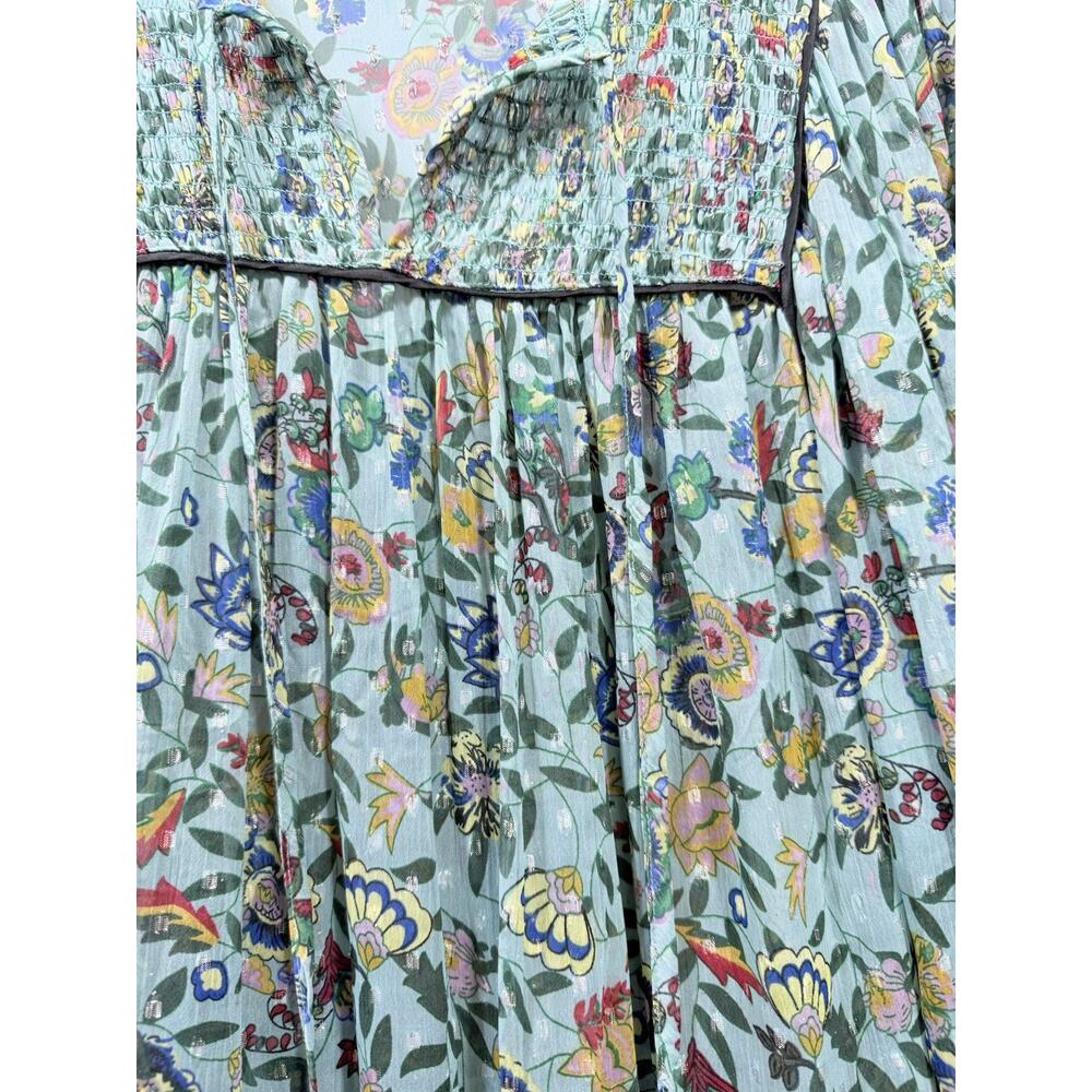 Free People Green Multicolor Floral Smocked Boho Fall Balloon Sleeve Mini L - Picture 6 of 9